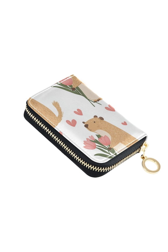 Capybara with Flowers Hearts Valentine Women's Credit Card Holder PU Leather Zipper Wallet RFID Blocking