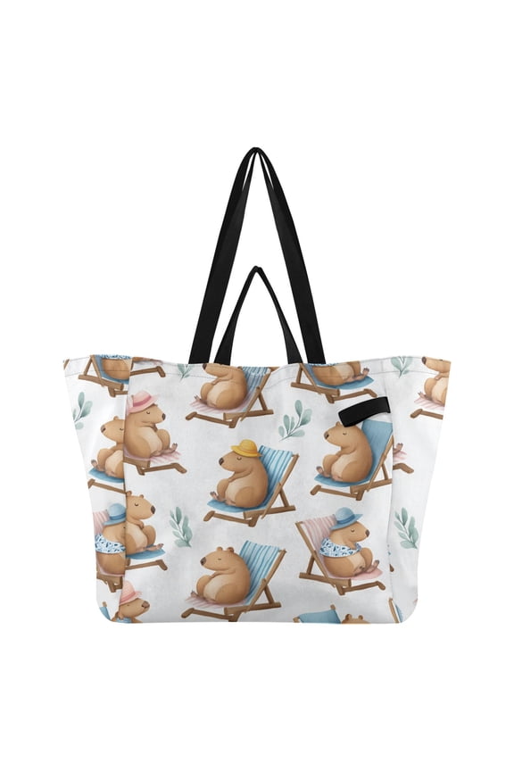 Capybaras Sunbathing Cartoon Foldable Canvas Tote Bags Reusable Grocery Bags Laundry Bags Beach Bag 32L