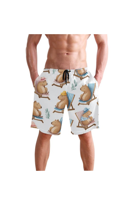 Capybaras Sunbathing Cartoon Men's Swim Trunks Beach Shorts Bathing Bottoms L