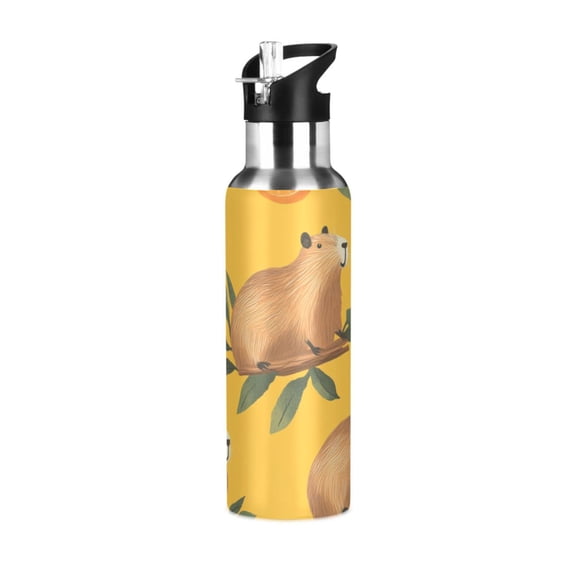 Capybaras with Oranges Cartoon Sports Bottle with Straw Stainless Steel Water Jug Portable Thermal Cup Leak-proof 1000ML