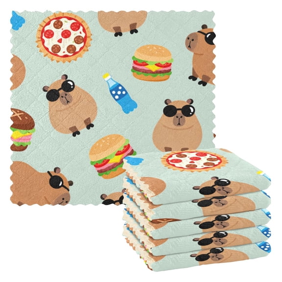 Capybarba Hamburger Pizza Pattern Dish Towels 6 Pack Kitchen Cleaning Dish Cloths Absorbent Reuseable Cleaning Cloths 11'' x 11''