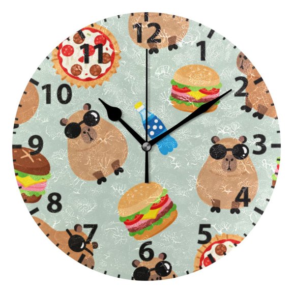Capybarba and Food Pattern Wall Clock 10in Round Artistic Oil Painting Home Decor Desk Table Clock
