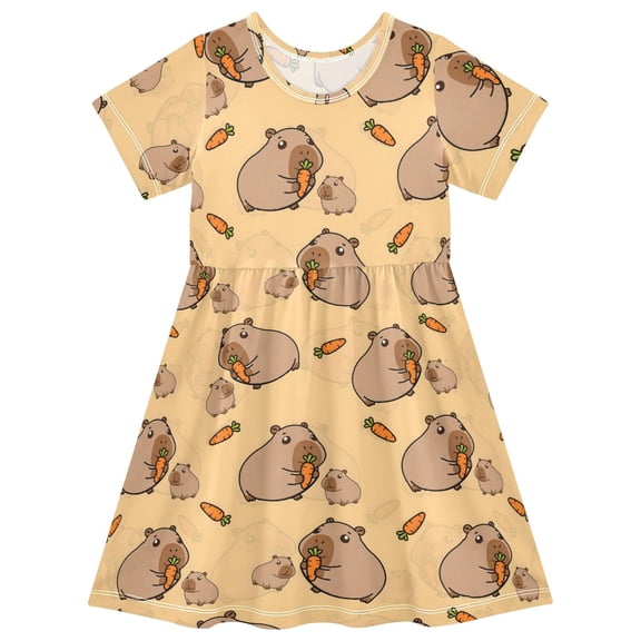 Capybare Eating Pattern Short Sleeve Dress A-Line Cute Midi Casual Sundress 2-8 Years