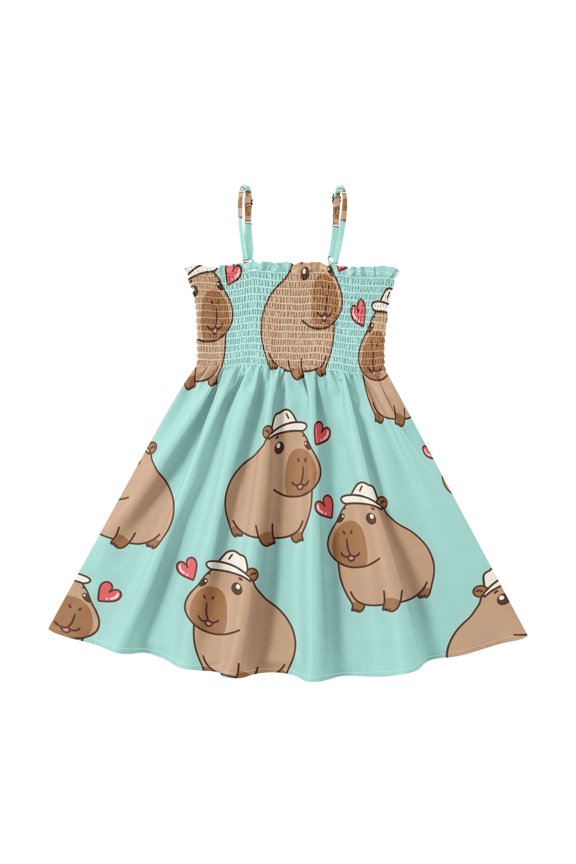 Capybare Pattern Girls' Casual Dresses 2Y-8Y Sleeveless Ruffle Neck for Summer Daily Wear