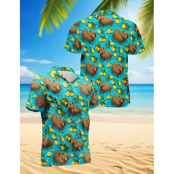Capypara Hawaiian Shirt for Men, Tropical Style, Button Down Summer Beach Short Sleeve, S-5XL