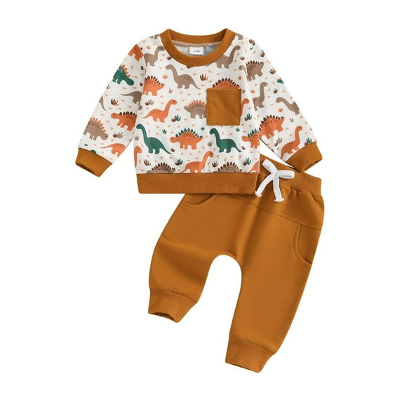 Caqnni Toddler Baby Boy Clothes Long Sleeve Striped Crewneck T-Shirt Top + Solid Drawstring Pants Set Fall Outfits (0-6 Months,Z054-Brown)