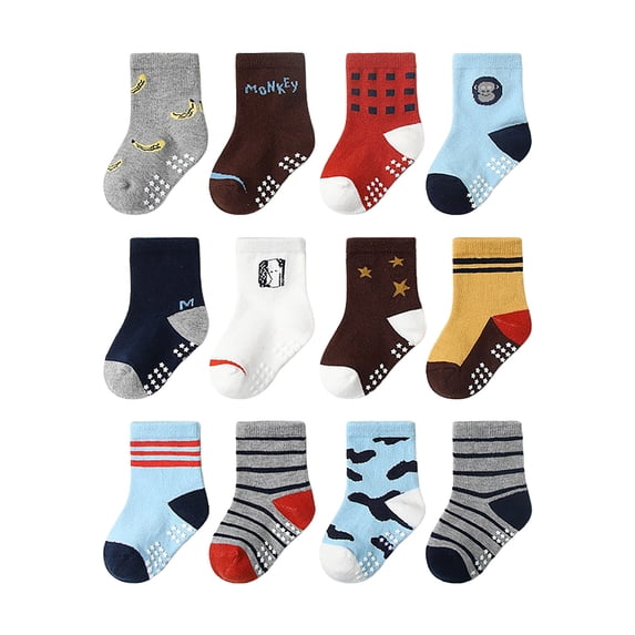 Caqnni 12 Pairs Baby Boys Toddlers Grips Socks Kids Anti Slip Non Skid Funny Cartoon Breathable Cotton Crew Socks 6 Pairs Children's Gift All Seasons SOFT & COZY,5-7 Years