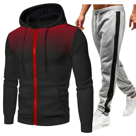 Caqnni 2 Pieces for Men Fleece Hoodie Sweatsuit Outfit Jogger Set Pullover Zip Up Sweatshirt Sweatpants Warm Sports Suit (Red,S)