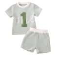thumbnail image 1 of Caqnni 2Pcs Baby Boy Cartoon Print Summer Outfits 3 6 12 18 24 Months 3 Years Short Sleeve Tree/Gesture Print T-Shirt + Elastic Shorts Gift Pajamas & Dailywear Set 12-18 Months,Green, 1 of 6