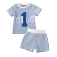 thumbnail image 1 of Caqnni 2Pcs Baby Boy Cartoon Print Summer Outfits 3 6 12 18 24 Months 3 Years Short Sleeve Tree/Gesture Print T-Shirt + Elastic Shorts Gift Pajamas & Dailywear Set 18-24 Months,Blue, 1 of 6