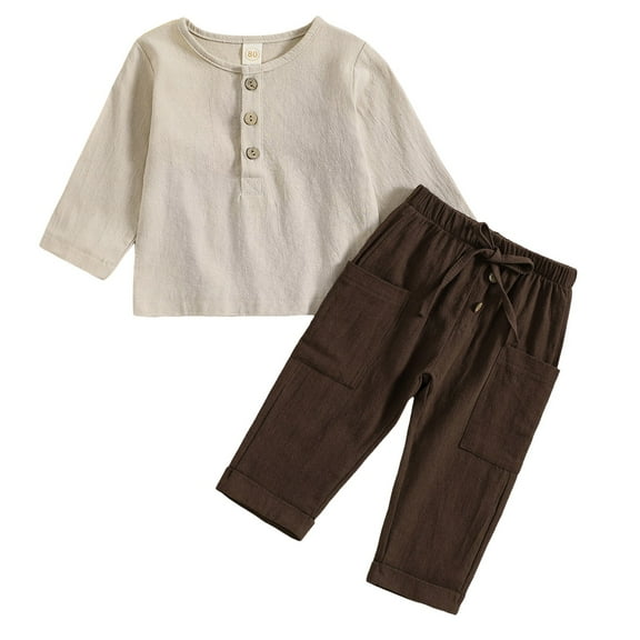 Caqnni 2Pcs Little Boy Sweatshirt Clothes Cotton Long Sleeve Pullover Sweatshirt Top Jogger Pants Fall Pajama Outfits (Brown,6-12 Months)