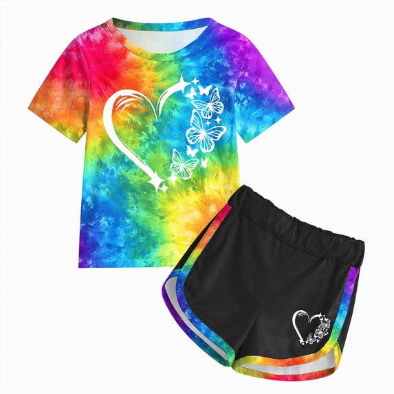 Caqnni 4-5 Years Teen Girls Tie Dye Printed Short Sleeved Top And Shorts Casual Set Lounge 2 Piece Yoga Tracksuit A33-Yellow