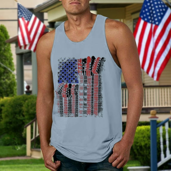 Caqnni 4th of July Top Tank Tops Sleeveless Shirts for Men Patriotic Sleeveless Round Neck American Summer Shirts for Men Clothes Top Tank Shirts for Men (Light Blue,3XL)