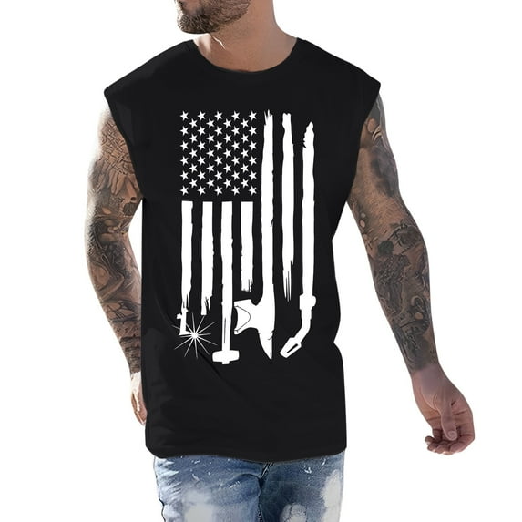 Caqnni 4th of July Graphic Tank Tops for Men American Flag Graphic Tees Summer Sleeveless Workout Athletic Muscle Cut Off Shirt Vest (Black,L)