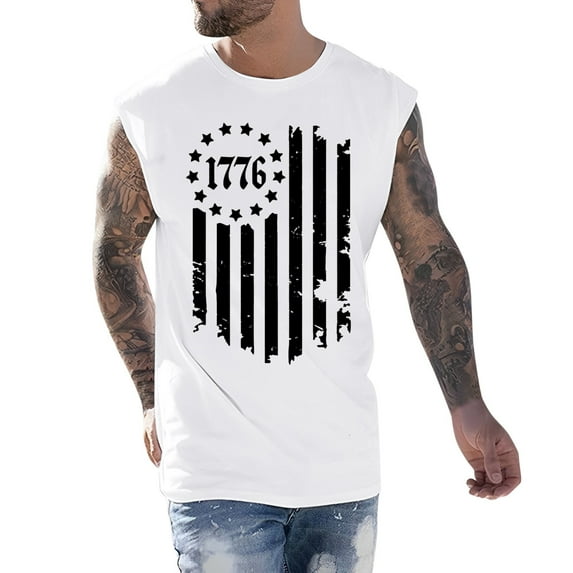 Caqnni Men's American Flag Tank Top 4th of July Printing USA Flag Short Sleeved T-Shirts Workout Patriotic Tees(White,XXL)