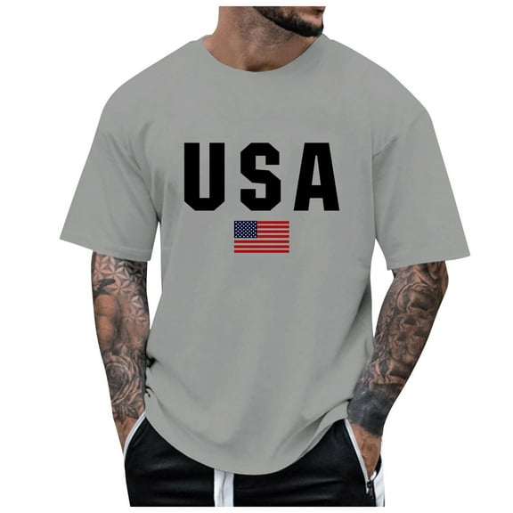 Caqnni 4th of July Shirts Mens American Flag Patriotic Short Sleeve T-Shirt Shirts for Men(Grey,XL)