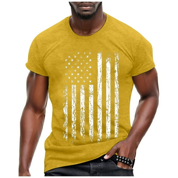 Caqnni 4th of July Short Sleeve Graphic T-Shirts for Men Big and Tall American Flag Workout Muscle Patriotic Shirt Mens Shirts Yellow,XXL)