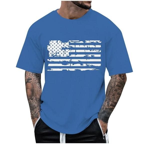 Caqnni 4th of July T-Shirt Mens USA Short Sleeve Shirts Retro Patriotic American Flag T-Shirt for Men(Blue,L)