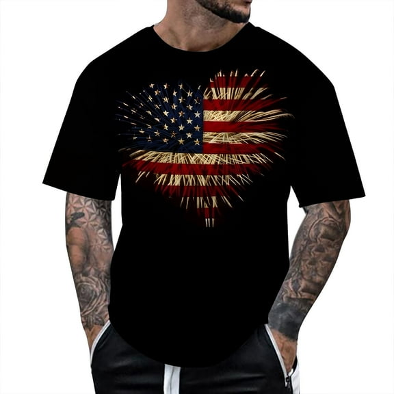 Caqnni 4th of July Tops for Men's American Flag Printed T-Shirt US Flag Graphic Shirts Casual Short Sleeve Tees(Black,XXL)