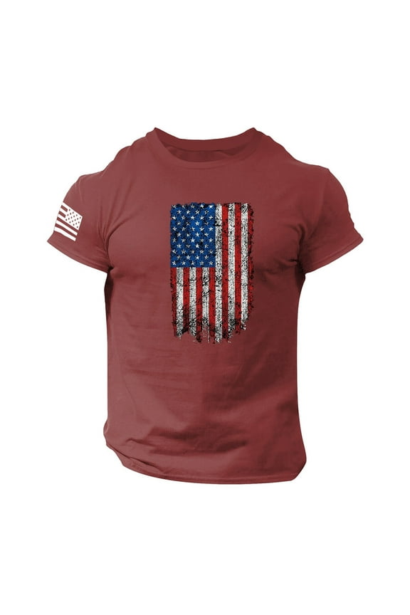 4th of July Tops for Men's Vintage American Flag Printed T-Shirt US Flag Graphic Shirts Casual Short Sleeve Tees(Wine,XL)