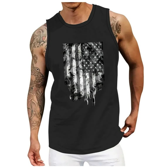 Caqnni 4th of July Tops for Men's Vintage American Flag Printed Tank Tops Mens USA Sleeveless Shirts US Flag Graphic Shirts Casual (Black,M)