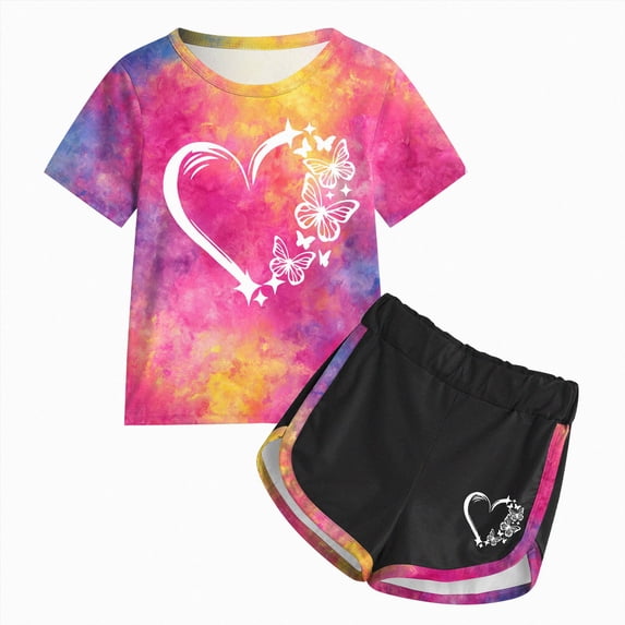 Caqnni 5-6 Years Teen Girls Tie Dye Printed Short Sleeved Top And Shorts Casual Set Lounge 2 Piece Yoga Tracksuit A33-Hot Pink