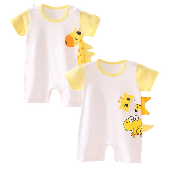 Caqnni 6-9 Months Preemie Unisex Summer Trendy 2-Pack Rompers Short Sleeve Bodysuit Infant Cotton Outfits A2-Yellow 1PCS & Light Yellow 1PCS