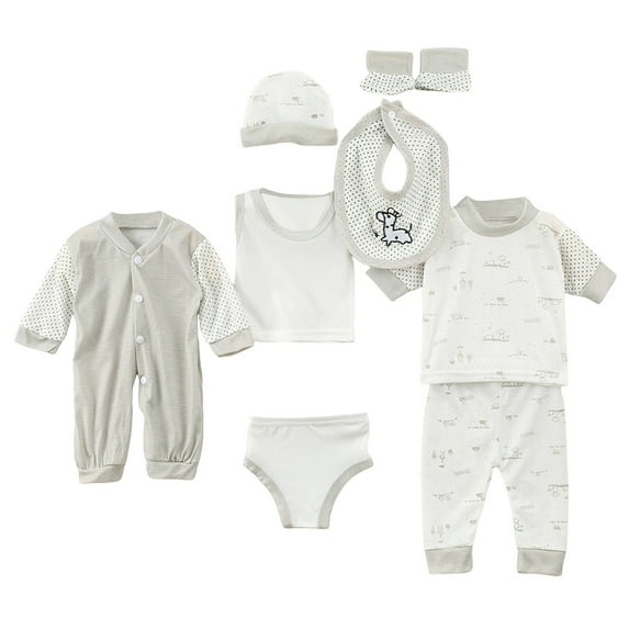 Caqnni 8PCS Preemie Newborn Baby Girl Boy Clothes Set +Bib+Sock Set Tops+Hat+Pants Girl Boy Newborn Baby 8Pcs Outfits Boy shoes+Romper Girl Boy Outfits&Set Newborn for 0-3Months (A09-Grey)