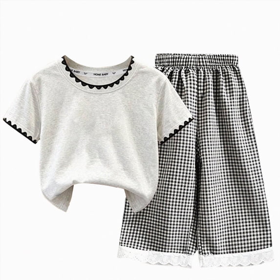 Caqnni 9-10 Years Teen Girls Comfortable And Breathable Set Short Sleeved Shirt Checkered Pants Two Piece Set Yoga Gym Outfit Running Tracksuit A12-Black