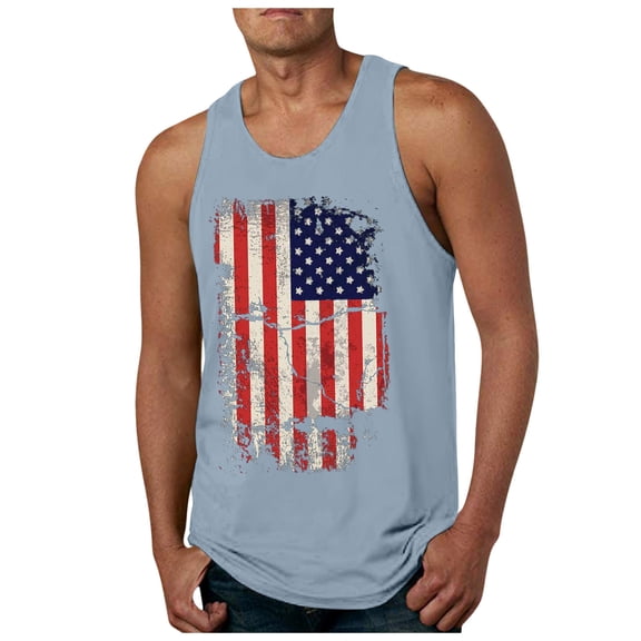 Caqnni American Flag Golf Shirt Men's Print Tank Top Casual Sports Sleeveless Round Neck T-Shirt Tank Top (Light Blue,M)