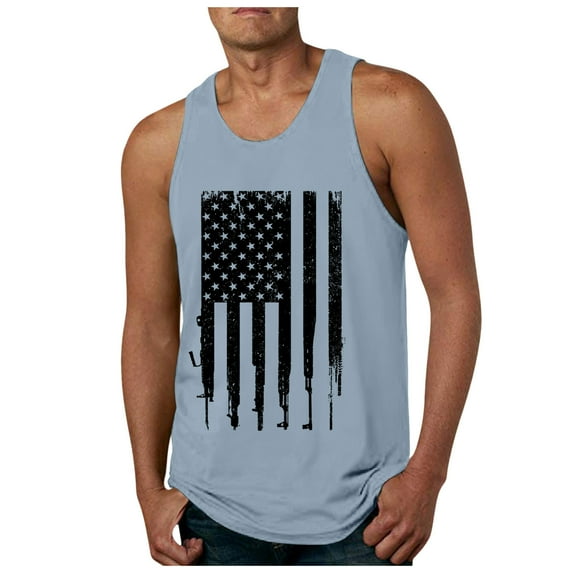 Caqnni American Flag Golf Shirt Men's Print Tank Top Casual Sports Sleeveless Round Neck T-Shirt Tank Top (Light Blue,M)