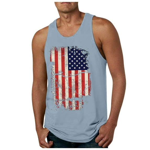 Caqnni American Flag Golf Shirt Men's Print Tank Top Casual Sports Sleeveless Round Neck T-Shirt Tank Top (Light Blue,XL)