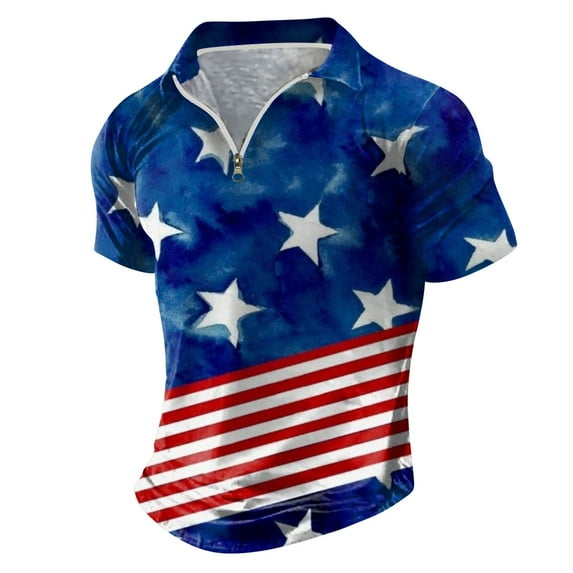 Caqnni American Flag Patriotic Men's Polo Shirt (Navy,L)