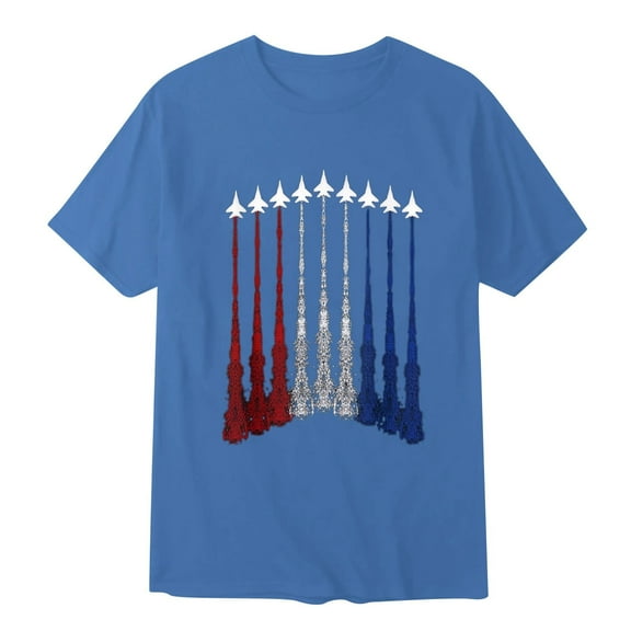 Caqnni American Flag Shirt for Men Hawaiian American Flag T-Shirts Patriotic Plus Size Short Sleeve(Light Blue,L)