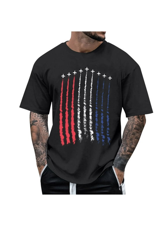 Caqnni American Flag T-Shirt for Men 4th July Patriotic Shirt Summer Short Sleeve Crew Neck Tops USA Flag Tee Shirts for Men(Black,XL)