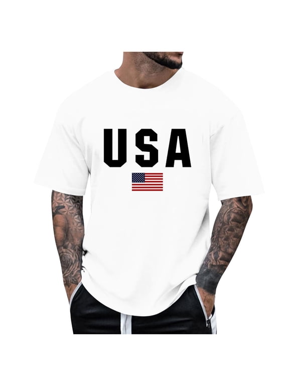 American Flag T Shirt for Men Casual Plus Size Patriotic Short Sleeve Crew Neck Summer Tee Retro Tops Mens T Shirt(White,XL)