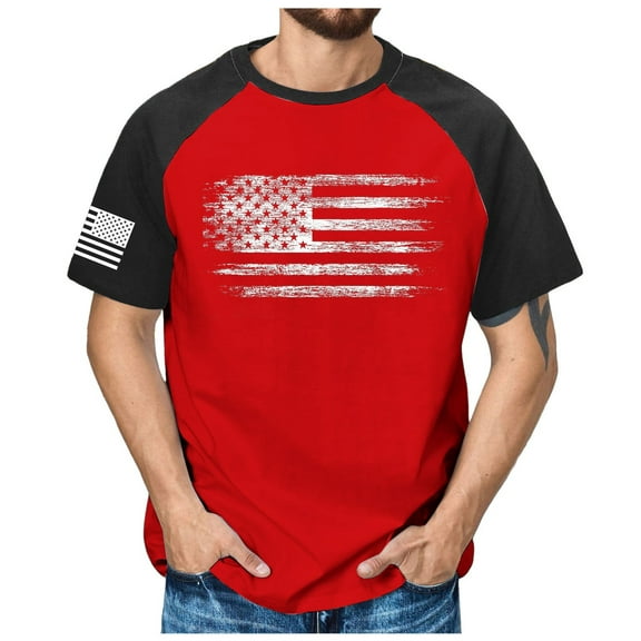 Caqnni American Flag T-Shirts for Mens Patriotic Shirt USA Flag Stars Print T-Shirt 4th of July Tee Tops Shirts for Men (Z02-Red,L)