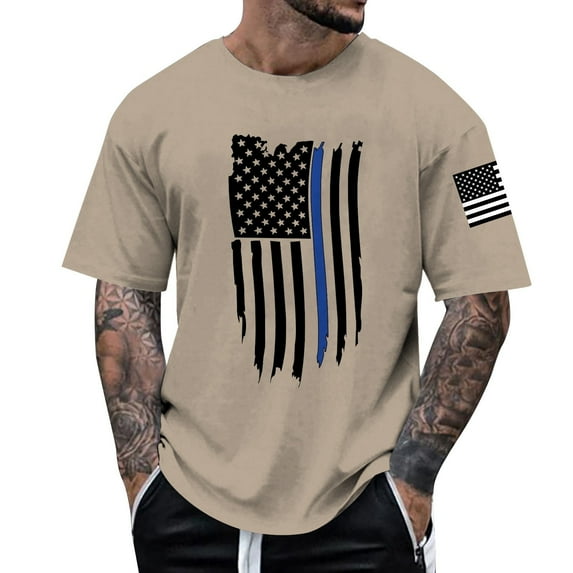Caqnni American Patriotic USA Flag T Shirt 4th of July Shirt Independence Day Men T-Shirt Gift Tops Graphics Casual Crew Neck Shirts(Khaki,XL)