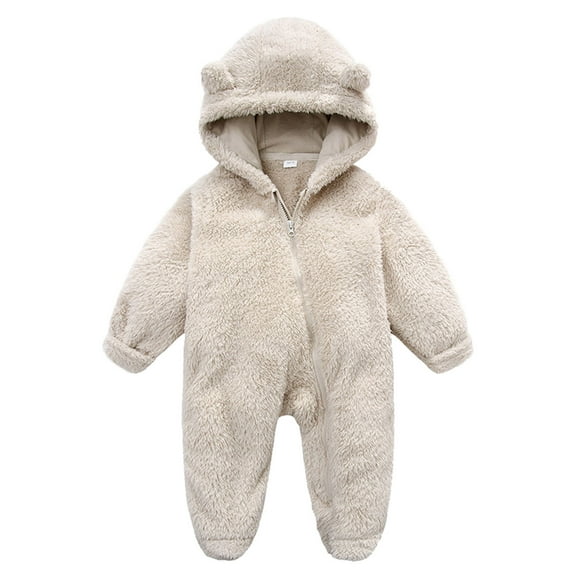 Caqnni Baby Bear Onesie Baby Polar Fleece Jacket Snowsuit Jumpsuit Hooded Footie Thick Winter Outwear for Boys Little Girls (3-6 Months,Beige)