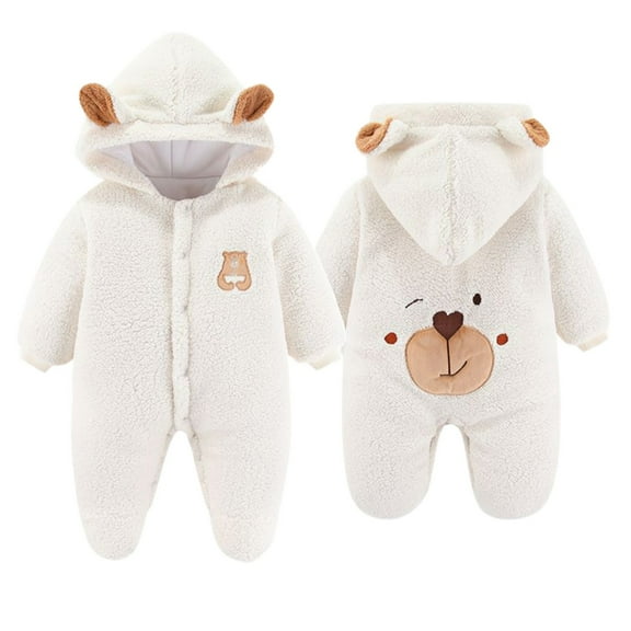 Caqnni Baby Bear Polar Fleece Jacket Snowsuit Winter Coat Warm Hooded Jumpsuit for Baby boy gir Sweatshirt Bodysuit Jumpsuit (0-3 Months,White)