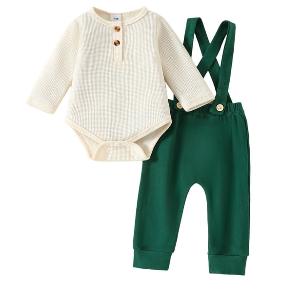 Caqnni Baby Boy Clothes Suits 0-18 Months Formal Romper Shirt Suspender Pants Wedding Outfit (0-3 Months,Z09-Beige)