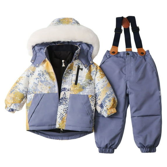Caqnni Baby Boys Girls Snowsuit, Toddler Winter Outfit Sets Kids Fuzzy Hooded Thickening Down Outdoor Warm Jacket Coat and Ski Bib Pants Set (Z08-Blue,4-5 Years)
