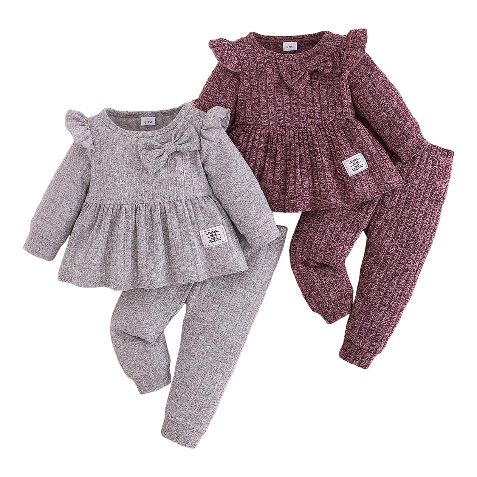 Caqnni Baby Girl Clothes Toddler Girl Jeans Outfits Ruffle Shirt Denim Pants Girls Clothing Set Fall Winter Outfit Loungewear (18-24 Months,Gray)