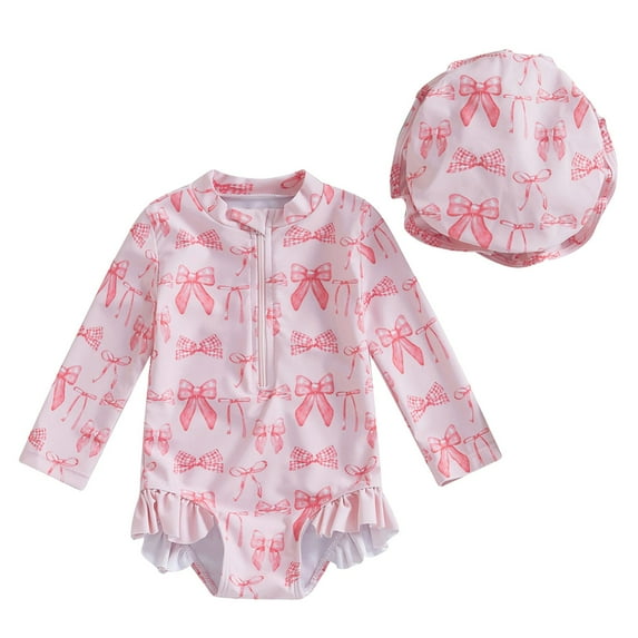 Caqnni Baby Girl Swimsuit Long Sleeve With Hat Set Zipper Swimsuit Swimwear Suit for Summer Vacation 6-12 Months Light Pink