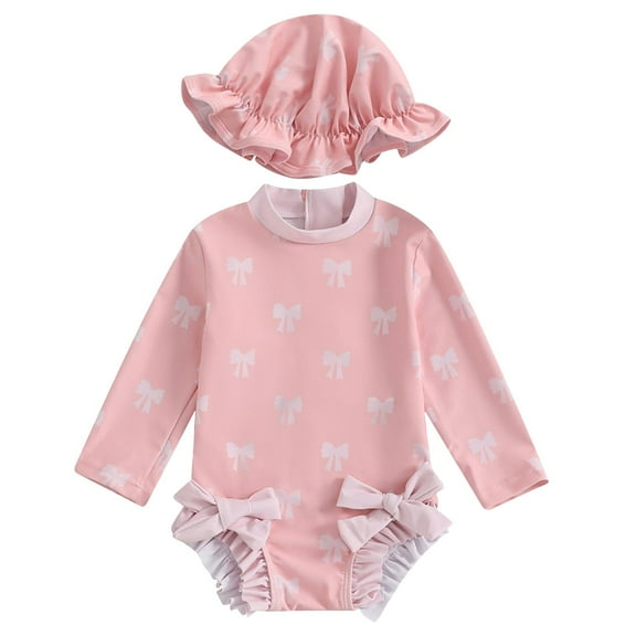 Caqnni Baby Girl Swimsuit Long Sleeve With Hat Set Zipper Swimsuit Swimwear Suit for Summer Vacation 6-12 Months Red