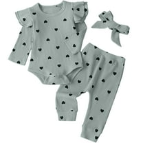 Caqnni Baby Girls Clothes Baby Girls Outfit Long Sleeve Ruffle Romper Floral Pants Headband Sets 0-18 Months for Girls 6 9 12 18 24 Monthsï¼6-9 Monthsï¼Light Blue