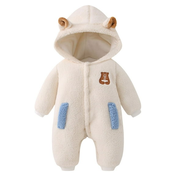 Caqnni Baby Jumpsuit Hooded Polar Fleece Jacket Rompers Bear Ear Footed Snowsuit Warm Winter Outwear Outfits Bodysuit Jumpsuit (0-3 Months,White)