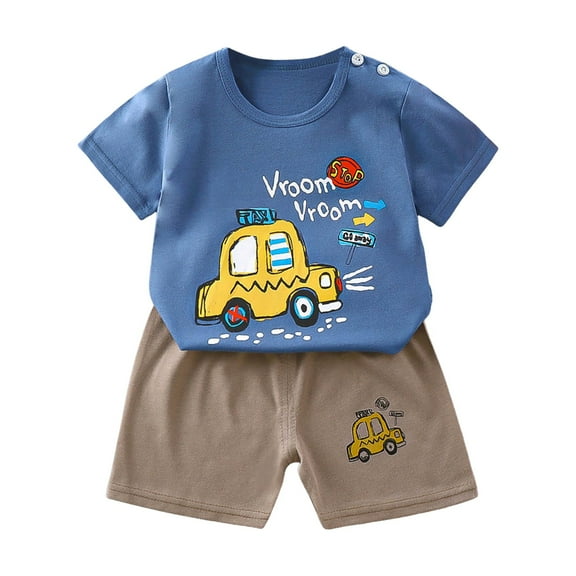 Caqnni Baby Kids Boys Elastic Shorts Set, 6 12 18 24 Months 2T 3T 4T Short Sleeve Shirt with Elastic Waist Shorts Outfits Summer Pjs For 18-24 Months 2t 3t 4t 5t 6t Pajamas & Dailywear Set