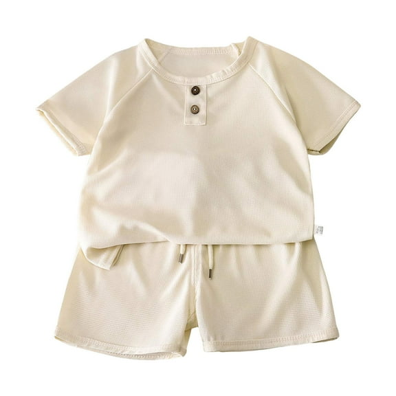 Caqnni Baby Kids Boys Elastic Shorts Set, 6 12 18 24 Months 2T 3T 4T Short Sleeve Shirt with Elastic Waist Shorts Outfits Summer Pjs Pajamas & Dailywear Set 6-12 Months,White