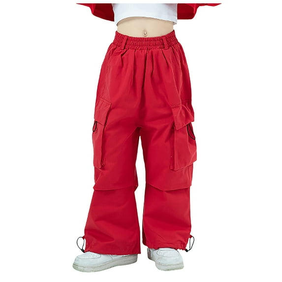 Caqnni Baggy Cargo Pants for Little Girls Toddler & Kids Water-Resistant Utility Parachute Pants with Pockets Cargo Jeans Baggy Jeans,10-12 Years,Red